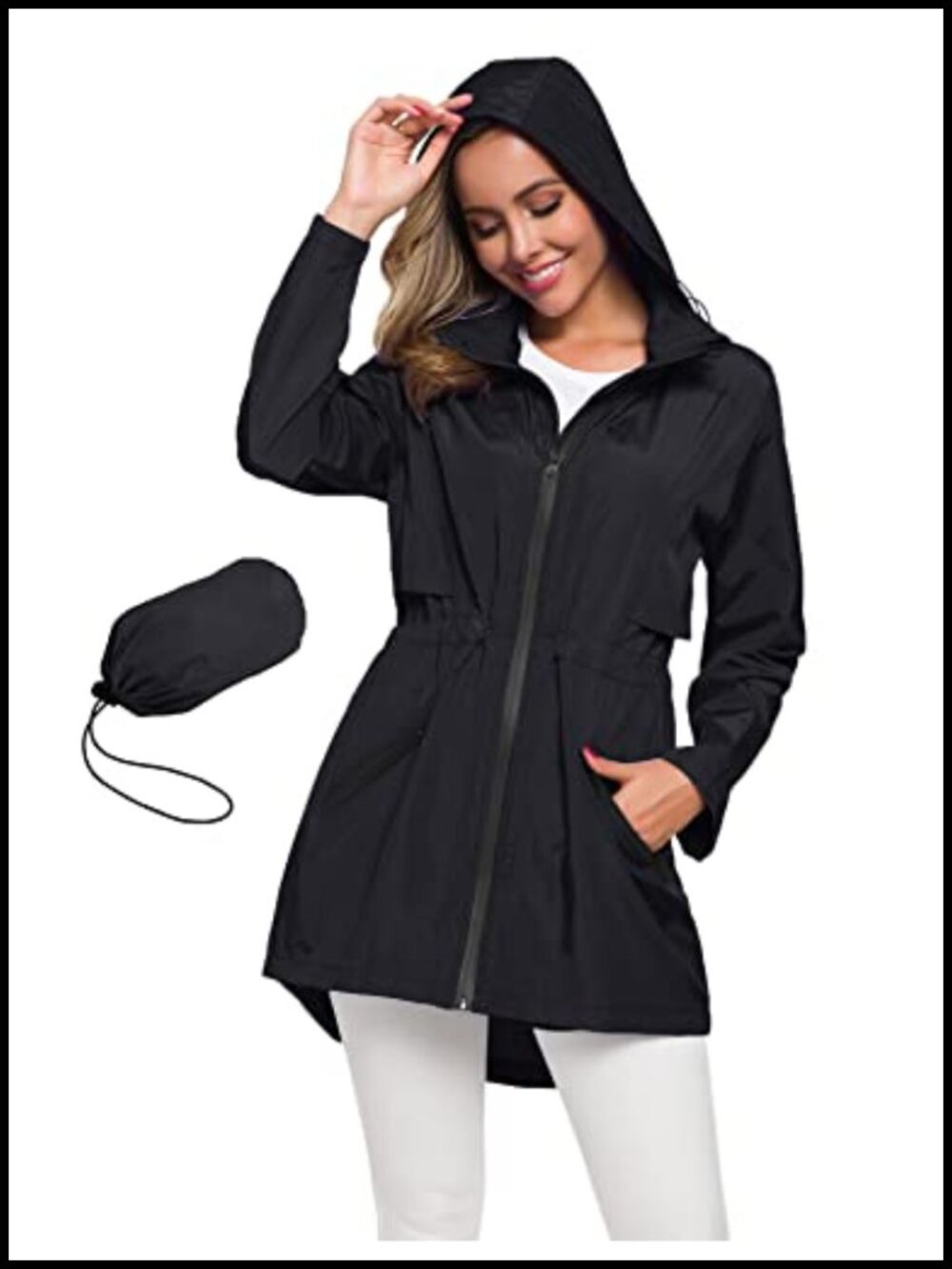 Women's Lightweight Waterproof Raincoat with Hood Long Trench Rain Jacket